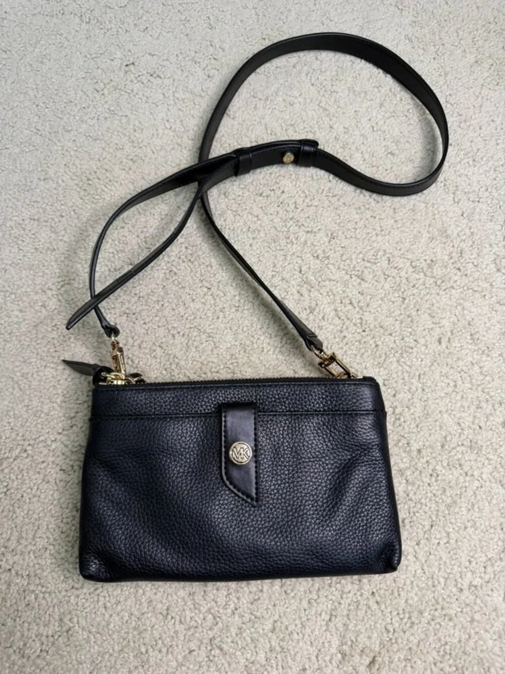 Michael Kors Black Pebbled Leather Double Zip Crossbody Bag Gold Hardware